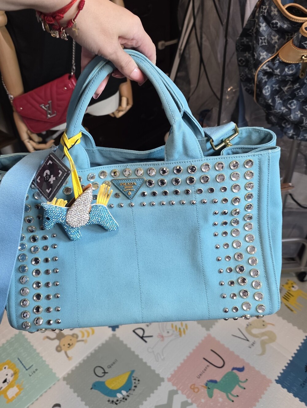 Prada Turquoise Studded Canvas Tote with Animal Charm